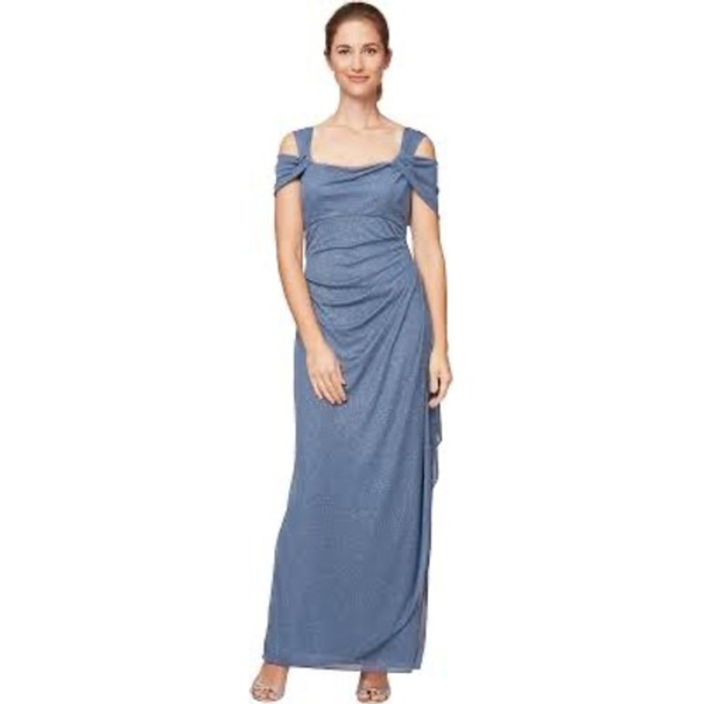 Alex Evenings Womens Dusty Blue Metallic Knit Cold Shoulder Gown 133026 Size 18